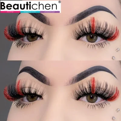 Beautichen Vollstreifen-Wimpern im Großhandel, 15–25 mm, farbige falsche Wimpern, dicke, volle, flauschige, dramatische natürliche Wimpern mit glänzendem Glitzer, 3D-Nerzstreifen-Wimpern